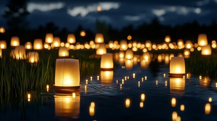 Floating lanterns hover above a serene field, their delicate glow creating sparkling reflections in the cool, misty night air, casting an enchanting ambiance