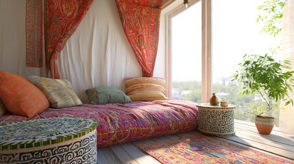 Vibrant Indian-Style Modern Interior: Cozy Daybed Corner with Tapestry Canopy and Mosaic Table