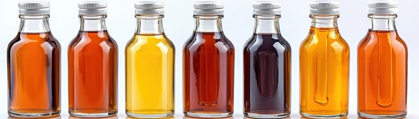 Various Bottles of Liquid in Different Colors and Textures Arrangement on White Background