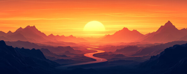 Obraz premium Stunning desert sunset with winding road leading through mountains, creating serene and picturesque landscape. vibrant colors evoke sense of tranquility and beauty