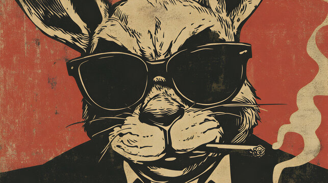 Cool rabbit in sunglasses smoking a cigar, vintage style illustration. Perfect for apparel, posters, or branding projects needing a touch of retro coolness and edgy flair.