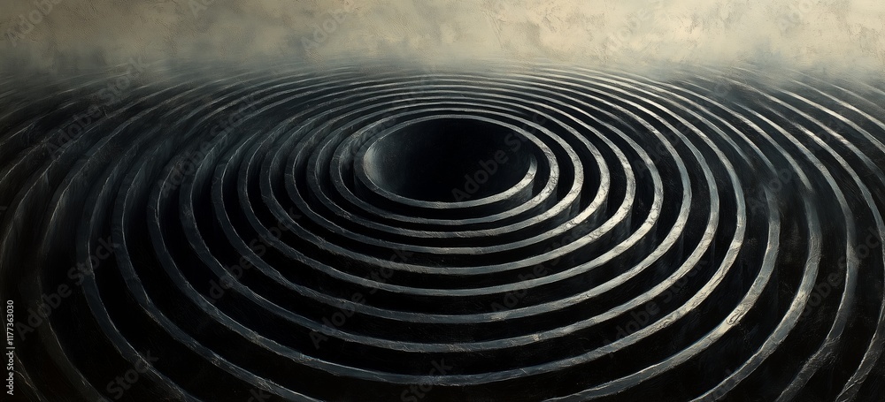 Poster abstract concentric circles with central void in mysterious monochrome design