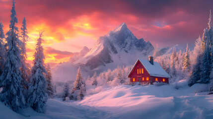 Snowy Cabin in Mountain Landscape Illustration