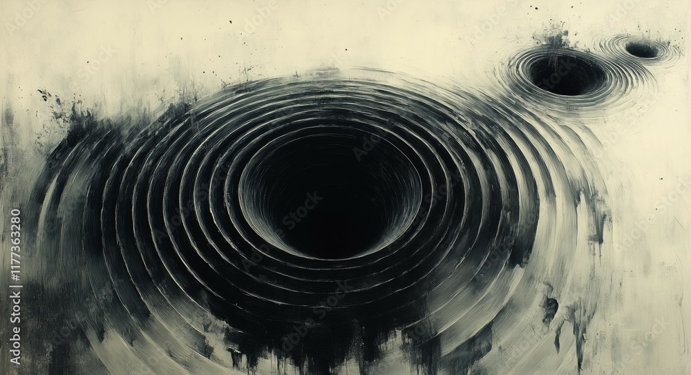 Poster abstract circular patterns in black and white: mesmerizing art of depth and movement