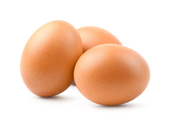 Three chicken eggs isolated on white background.