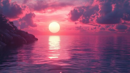 Serene pink sunset over calm ocean horizon with dramatic clouds
