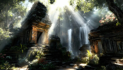 Obraz premium Sunbeams illuminate ancient stone temples nestled within a lush jungle, a cascading waterfall adding to the serene atmosphere.