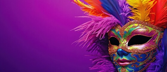 Vibrant Venetian Carnival Mask with Colorful Feathers on Purple Background