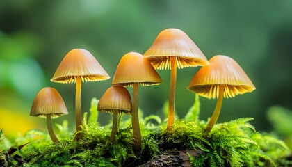 Fototapeta premium A Cluster of Vibrant Mushrooms Emerging from Lush Green Moss in a Serene Forest Setting, Capturing the Beauty of Nature and Fungi in Close-Up Detail