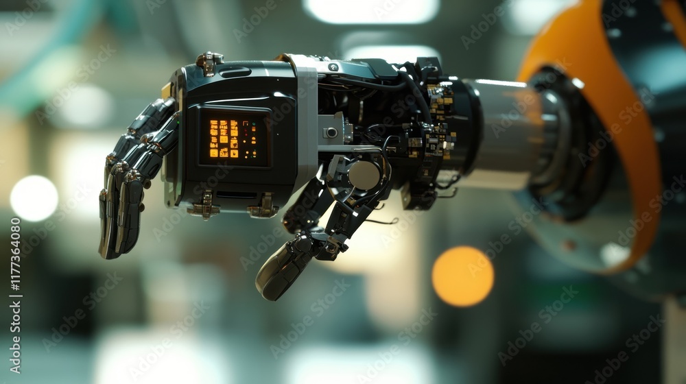 Poster robotic arm with illuminated display performing precise movements, showcasing advanced automation te