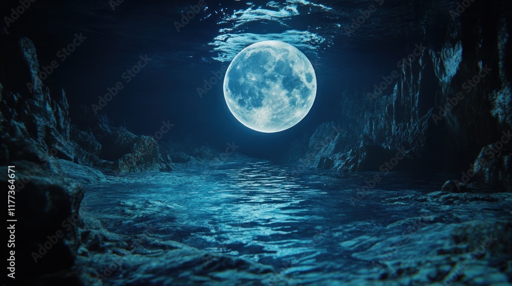 Poster a serene underwater scene featuring a glowing moon reflecting on the water's surface.