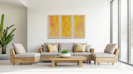 Obraz premium Vibrant Indian-Inspired Modern Living Room with Triple-Panel Artwork and Stylish Decor