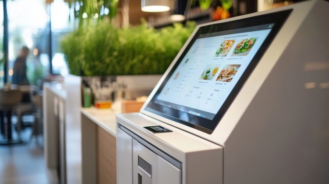 Self service ordering kiosk featuring a digital menu with diverse food options, providing convenient and contactless ordering in a modern restaurant environment