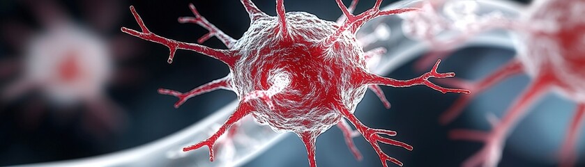 Intricate Visualization of a Virus with Red Protrusions Against a Dark Background in Microscopy