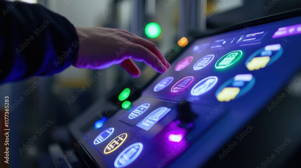 Poster engineer uses a futuristic touchscreen control panel with colorful icons, managing and monitoring au