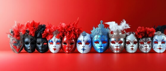 Elegant Venetian Masks Collection on Red Background for Carnival