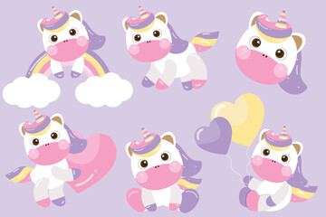 Cute Unicorns with Gifts and Hearts