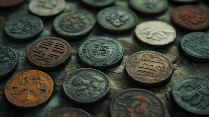 Collection of Old Tarnished Coins Scattered Across a Surface in Natural Light