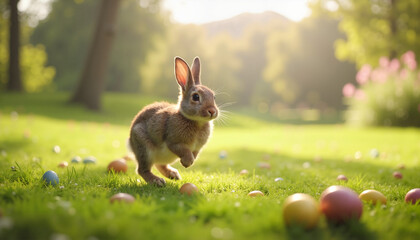 Brown rabbit hopping on grassy field with Easter eggs