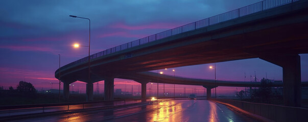 Naklejka premium serene beauty shot of highway illuminated by glowing streetlights, showcasing vibrant sunset sky with purple and pink hues reflecting on wet road