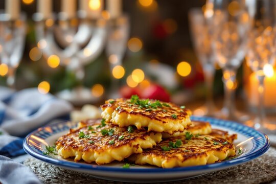 Potato pancakes on a blue plate with parsley garnish, festive decor and candles in the background, cozy atmosphere, holiday concept. Ai generative - Powered by Adobe