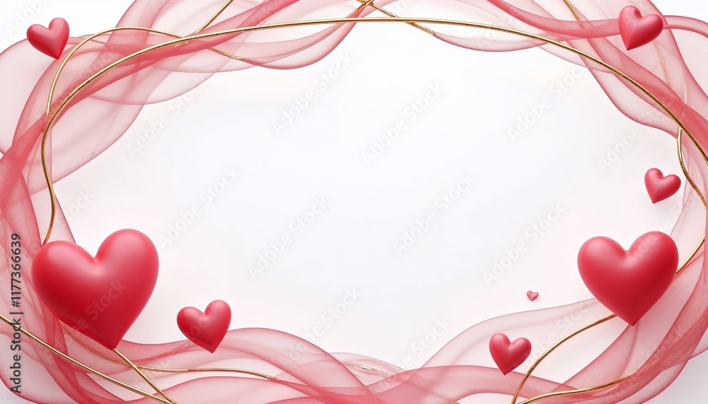 Poster flowing organic frame with romantic curves and heart shapes in soft red and gold on a transparent ba