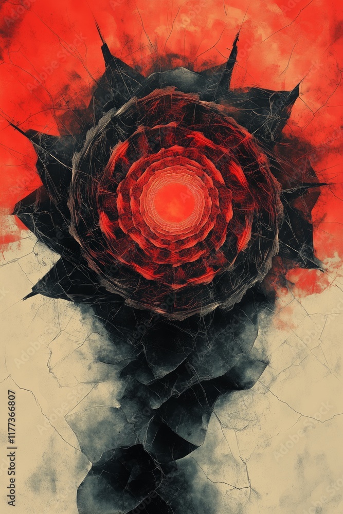 Poster abstract red spiral with cracks and textured patterns in surreal design