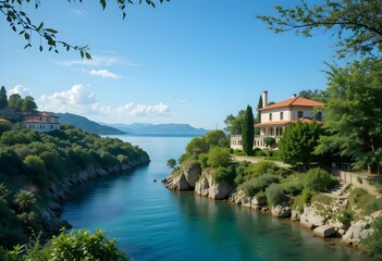 Fototapeta premium A beautiful river pass residence, blue sky, beautiful sea and natural paintings