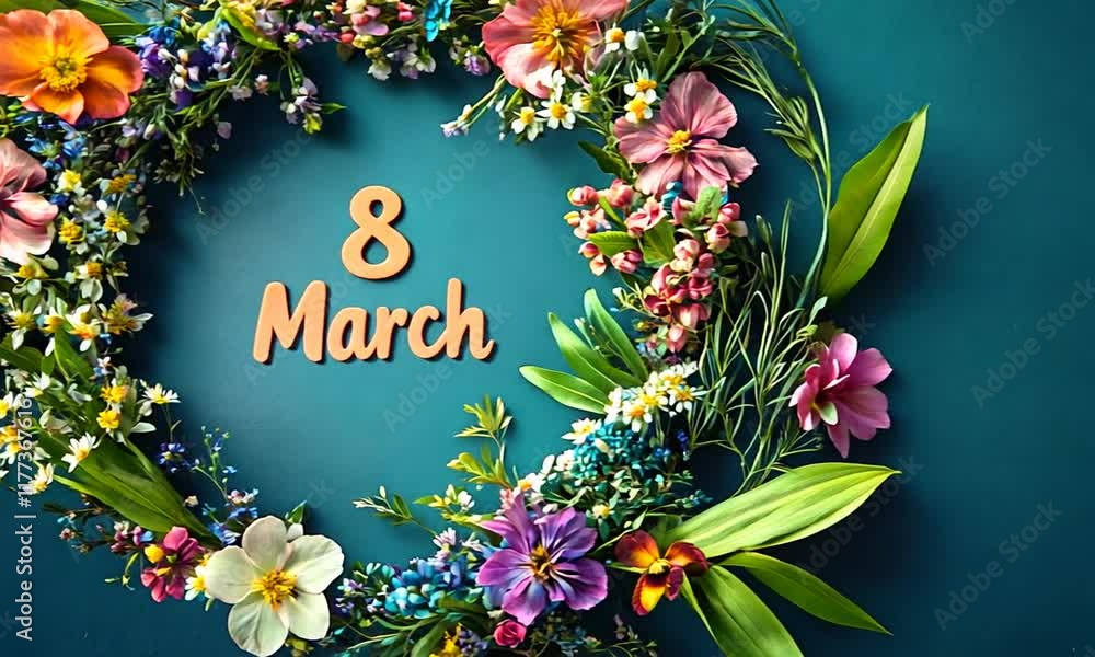 Poster a colorful flower arrangement with the number 8 on it. the flowers are arranged in a circle and the 