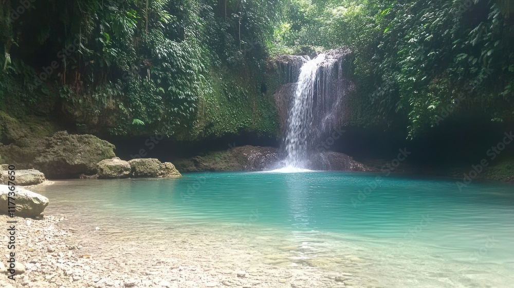 Aufkleber a serene waterfall cascading into a turquoise pool surrounded by lush greenery.