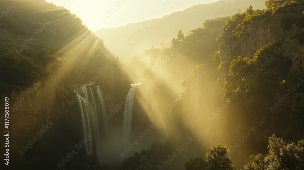 Poster a serene waterfall scene illuminated by sunlight filtering through misty mountains.