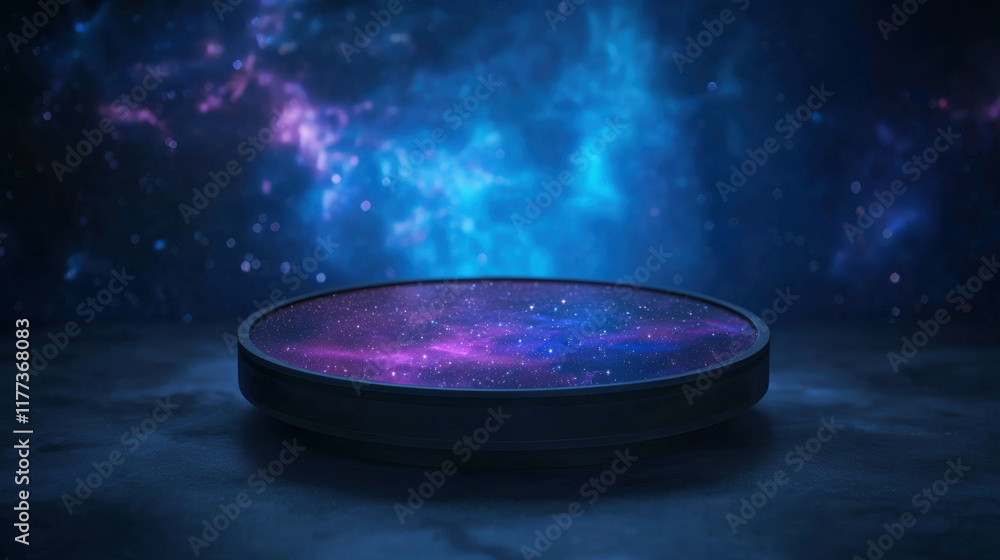 Poster cosmic observatory floating in deep space with vibrant celestial colors