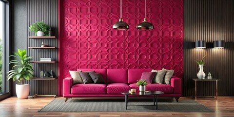 Embrace 2023's Viva Magenta: a ruby sofa anchors a modern living room, vibrant and stylish.