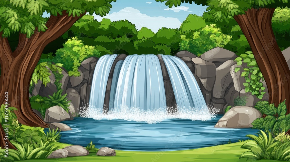Poster a serene waterfall surrounded by lush greenery and rocks, creating a tranquil natural scene.