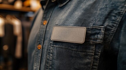 Blank name tag on denim shirt, retail store background