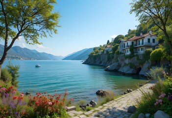 Obraz premium A beautiful river pass residence, blue sky, beautiful sea and natural paintings