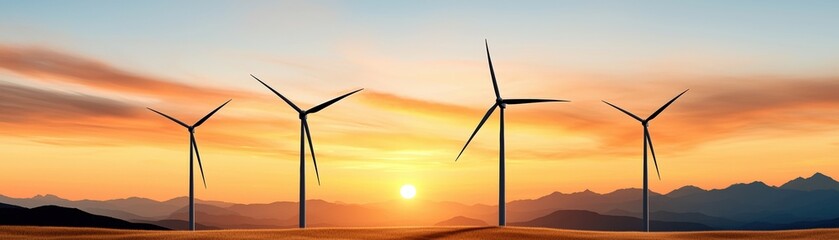Obraz premium Wind Turbines at Sunset with Distant Mountains and Colorful Sky