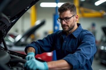 Fototapeta premium Car mechanic stands proudly in the workshop, next to an open hood, showcasing expertise in automotive repairs and maintenance.