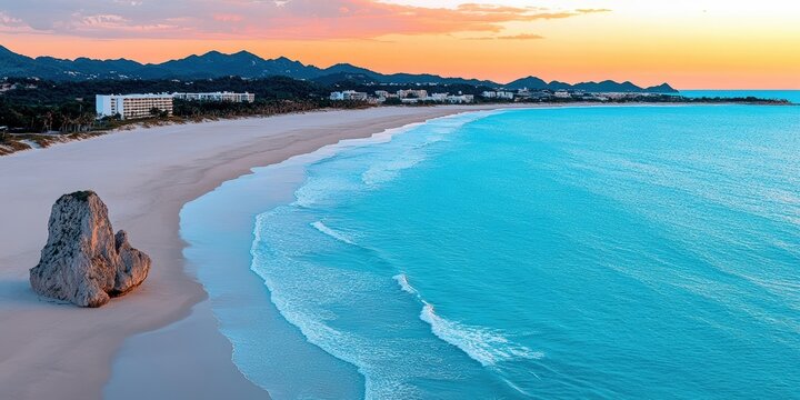 Serene Beach Landscape with Rocky Outcrop and Vibrant Sunset Over Calm Water