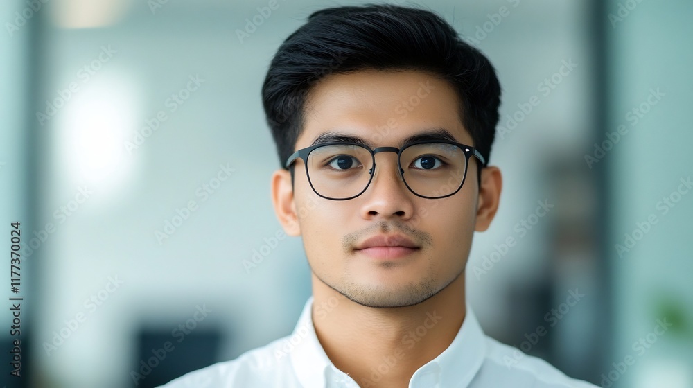 Poster efficient entrepreneur analyzing data insights with glasses in high-tech office