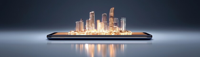 Fototapeta premium Futuristic Smartphone Displaying Vibrant City Skyline with Reflections on Smooth Surface