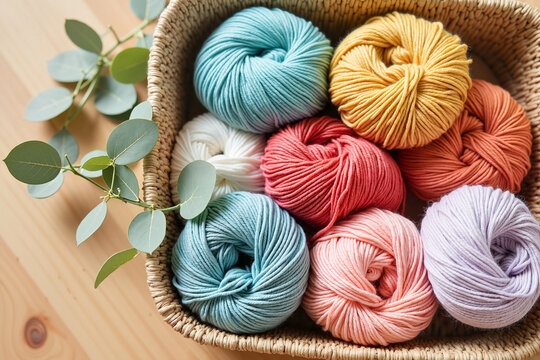 Colorful yarn and eucalyptus in woven basket on wood floor, creativity. Perfect Greeting card or cozy poster for knitting lovers