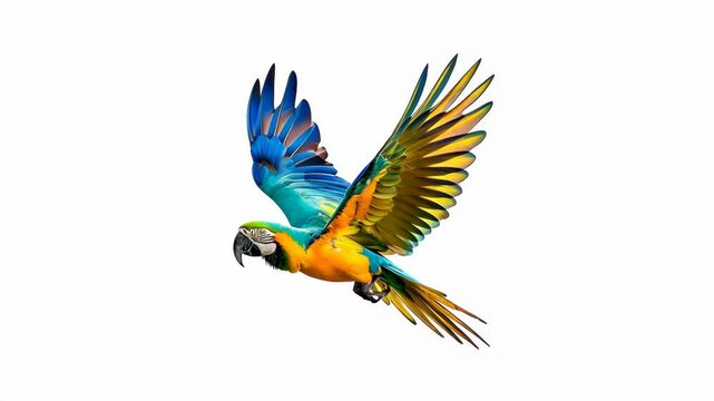 Blue and Yellow Macaw in Majestic Flight: A Vibrant Display Against a Pristine White Backdrop