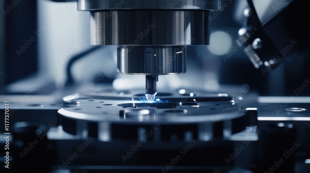 Poster automated cnc milling machine creating a metal detail while generating sparks in a modern factory, s