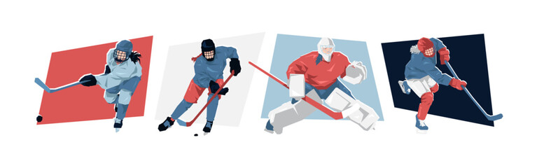 Set of female ice hockey players. ice hockey athlete character. Isolated on white background. Flat vector illustration. © Irkhamsterstock