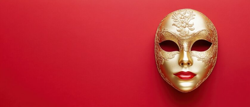 Elegant Gold Venetian Mask on Red Background: Festive Celebration Concept