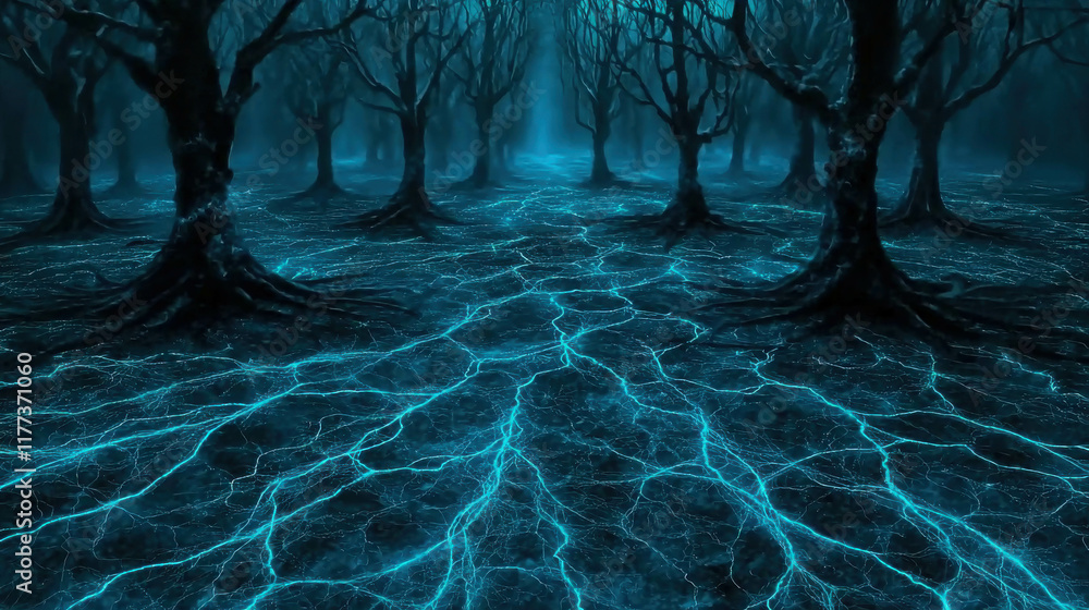 Poster dark twisted forest with obsidian trees and glowing roots at twilight