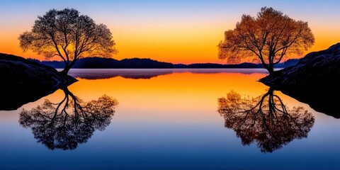 Fototapeta premium Serene Landscape with Trees at Sunset Reflecting in Calm Water under Vibrant Sky Colors