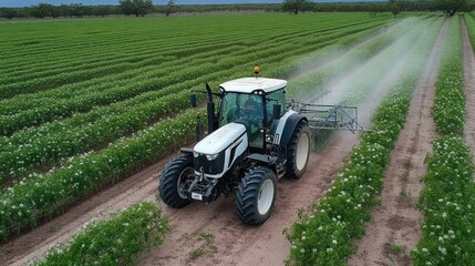 Fototapeta premium Vivid sunset casts colorful hues over a potato field while a tractor sprays pesticide in the distance