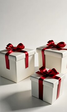 Paquets cadeaux blancs avec rubans rouges, pour No&euml;l, la Saint Valentin, anniversaire ou d'autres occasions sp&eacute;ciales.